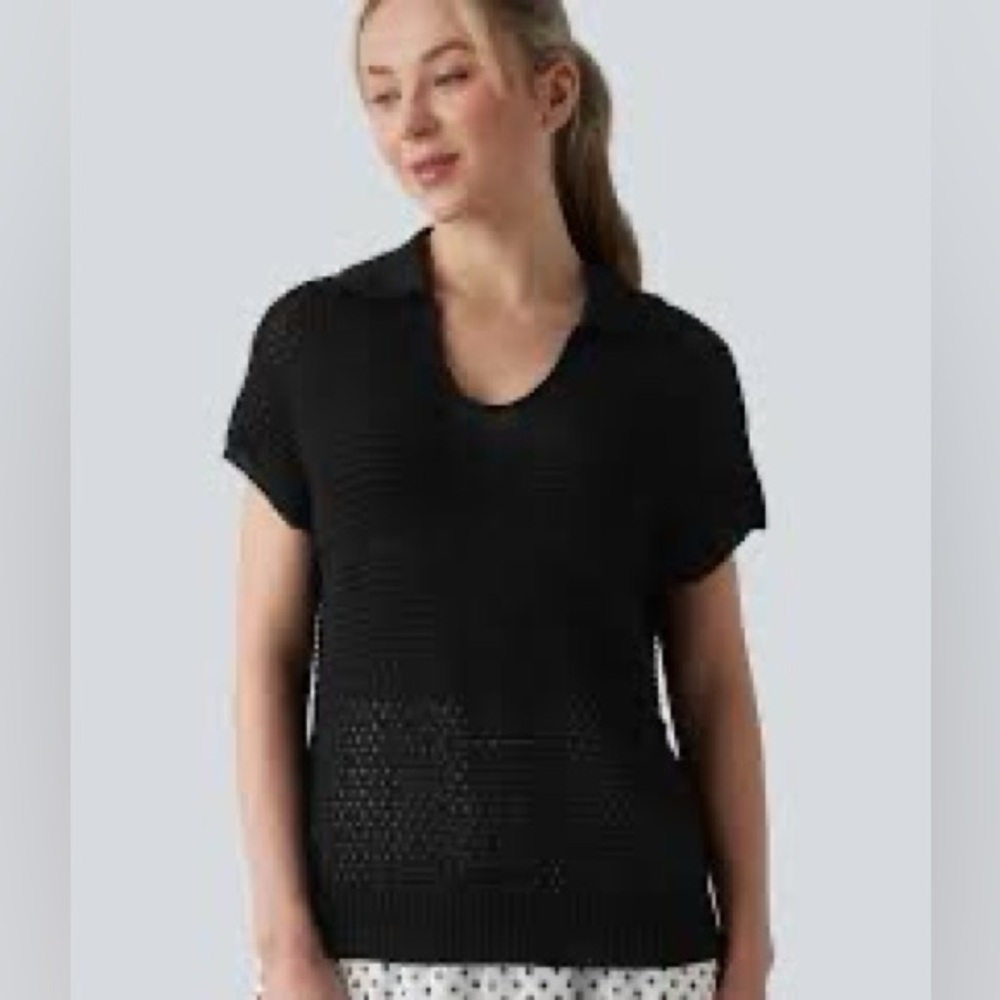 Halara V-Neck Batwing Short Sleeve Crochet Resort Sweater